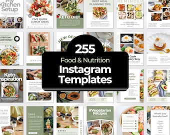 Pode incluir: Uma coleção de 255 modelos Instagram de Alimentos e Nutrição. Os modelos apresentam várias imagens e textos de alimentos, incluindo receitas, dicas de planejamento de refeições e informações nutricionais. Os modelos são projetados para uso em mídias sociais.