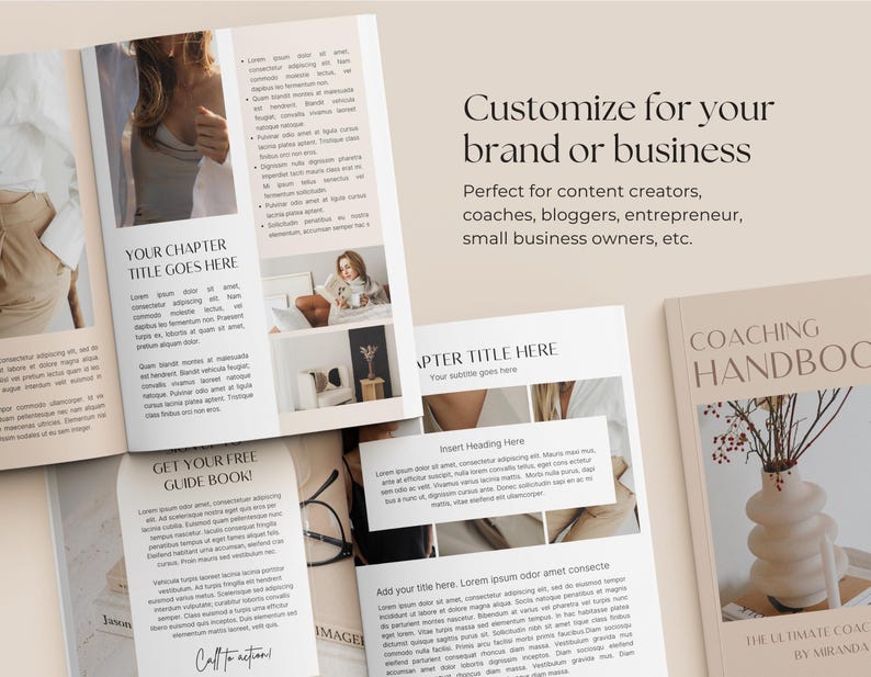 May include: A coaching handbook with a beige cover and the text "COACHING HANDBOOK" in black. The subtitle is "THE ULTIMATE COACH BY MIRANDA". The cover also features a beige ceramic vase with a dried floral arrangement.