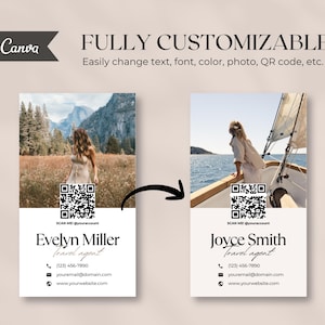 May include: Two business card designs with images of women in nature and on a boat. The cards feature the text "FULLY CUSTOMIZABLE" and contact information, including a QR code. The design is made in Canva.