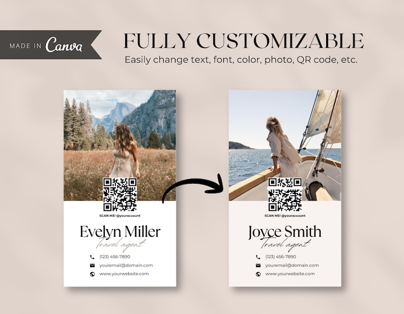 May include: Two business card designs with images of women in nature and on a boat. The cards feature the text "FULLY CUSTOMIZABLE" and contact information, including a QR code. The design is made in Canva.