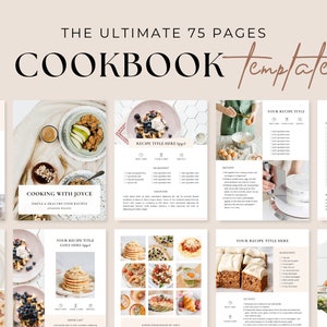 May include: A cookbook template with 75 pages, featuring images of food and recipes. The cover features the text "The Ultimate 75 Pages Cookbook Template".