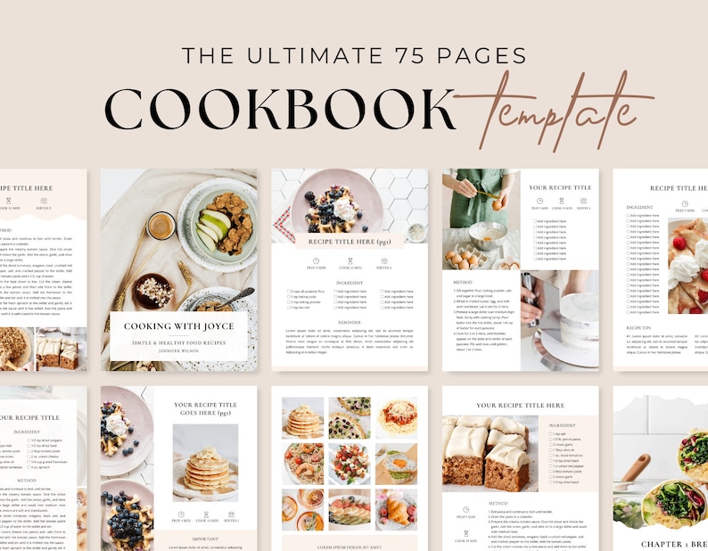 May include: A cookbook template with 75 pages, featuring images of food and recipes. The cover features the text "The Ultimate 75 Pages Cookbook Template".