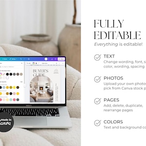 May include: A laptop displaying a Canva interface with a Buyer's Guide template. The screen shows color customization options. Text on the right reads: FULLY EDITABLE, Everything is editable, TEXT, PHOTOS, PAGES, and COLORS with checkmark icons.