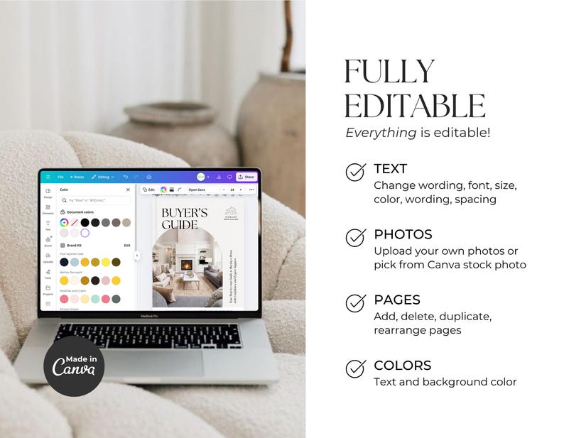 May include: A laptop displaying a Canva interface with a Buyer's Guide template. The screen shows color customization options. Text on the right reads: FULLY EDITABLE, Everything is editable, TEXT, PHOTOS, PAGES, and COLORS with checkmark icons.