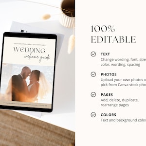 Peut inclure: Une tablette num&eacute;rique affichant un mod&egrave;le de guide de bienvenue pour un mariage. Le mod&egrave;le pr&eacute;sente une photo d'un couple et le texte "YOUR PHOTOGRAPHY STUDIO NAME WEDDING welcome guide". Le texte "100% EDITABLE" est affich&eacute; sur le c&ocirc;t&eacute; droit de l'image. Le texte sous "100% EDITABLE" liste les fonctionnalit&eacute;s du mod&egrave;le, notamment le texte, les photos, les pages et les couleurs.