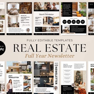 May include: A set of 10 fully editable real estate newsletter templates for Canva. The templates feature a variety of designs with images of homes, fireplaces, and other real estate related imagery. The templates are designed to be used for monthly newsletters to keep clients informed about the real estate market.