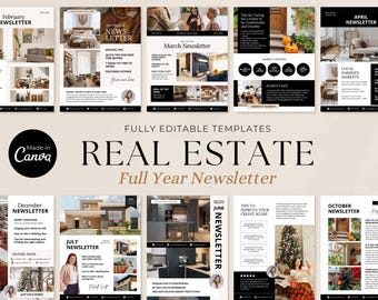 Real Estate Newsletter Bundle | 12 Month Full Year Newsletter Bundle| Realtor Email Marketing| Seasonal Newsletter| Canva Templates