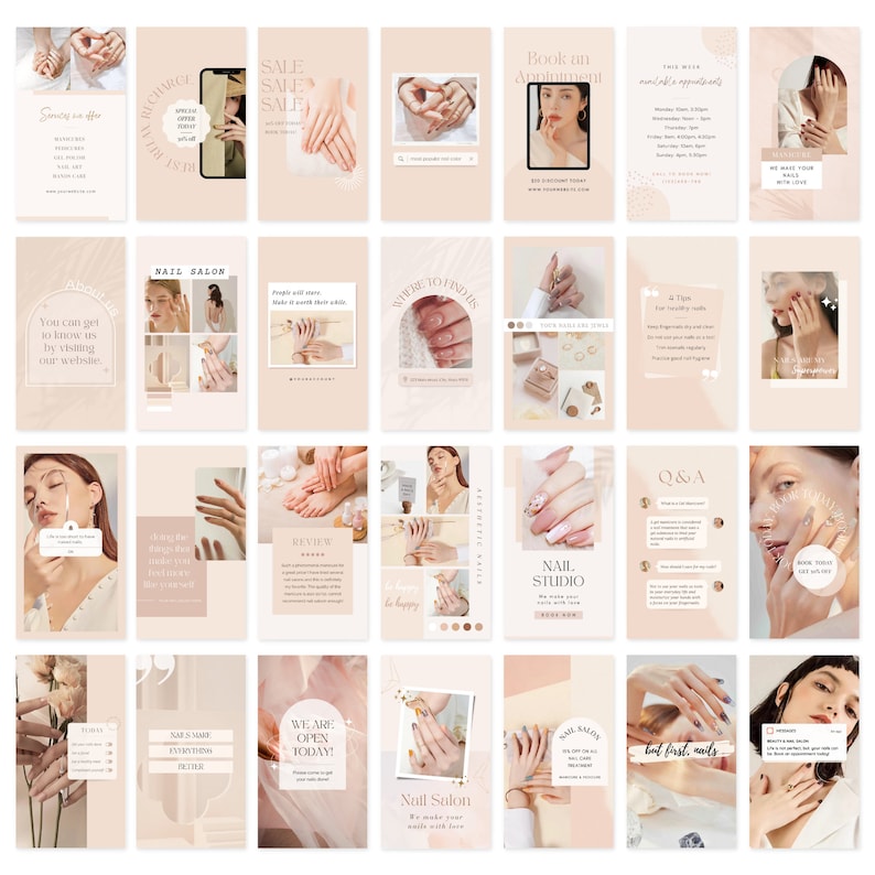 Puede incluir: Una colecci&oacute;n de plantillas de historias de Instagram para un sal&oacute;n de manicura. Las plantillas presentan im&aacute;genes de manos manicuradas, arte de u&ntilde;as y superposiciones de texto. El esquema de color es rosa y beige.