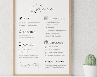 Airbnb Welcome Sign Template| Welcome Sign for Airbnb Hosts |Vacation Rental Printable | Guest Arrival Poster | VRBO, House Rules, WIFI Sign