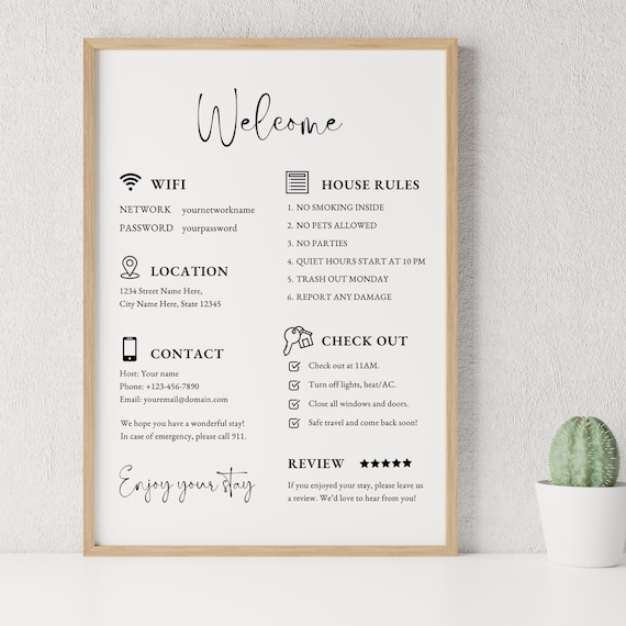 Airbnb Welcome Sign Template| Welcome Sign for Airbnb Hosts |Vacation Rental Printable | Guest Arrival Poster | VRBO, House Rules, WIFI Sign