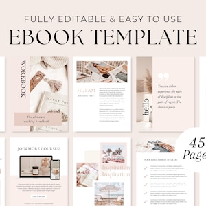 May include: A pink and white ebook template with 45 pages. The template features a variety of design elements, including text boxes, images, and icons. The text on the cover reads "Fully Editable & Easy to Use Ebook Template".