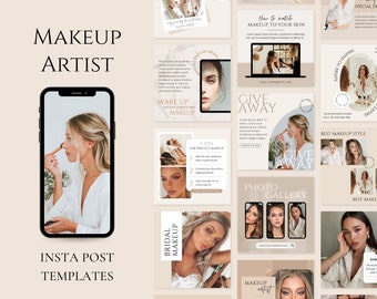 May include: A collection of social media post templates for makeup artists. The templates feature a variety of designs, including a giveaway announcement, a photo gallery, and a bridal makeup offer. The templates are all in a neutral color palette with a modern aesthetic.