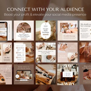 May include: A collage of 12 Instagram posts promoting massage therapy services. The posts feature images of massage therapists, massage tables, and essential oils. The text on the posts includes phrases like "Escape, Relax, Recharge", "Swedish Massage", "First Massage Therapy", and "What to Expect at Your Massage Session".