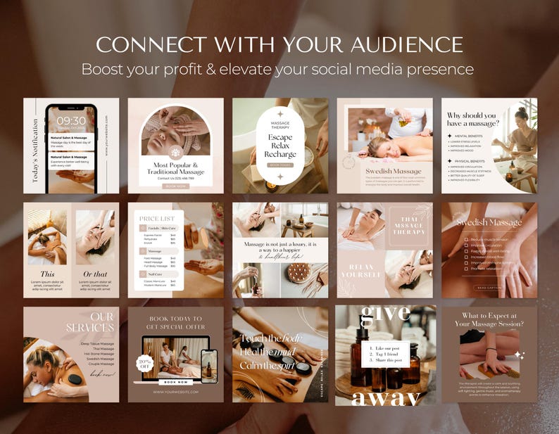May include: A collage of 12 Instagram posts promoting massage therapy services. The posts feature images of massage therapists, massage tables, and essential oils. The text on the posts includes phrases like "Escape, Relax, Recharge", "Swedish Massage", "First Massage Therapy", and "What to Expect at Your Massage Session".