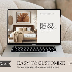 May include: A laptop displays a project proposal template with a mid-century modern bedroom scene. The screen shows the text "PROJECT PROPOSAL" and "EASY TO CUSTOMIZE". The laptop is on a beige, textured surface.