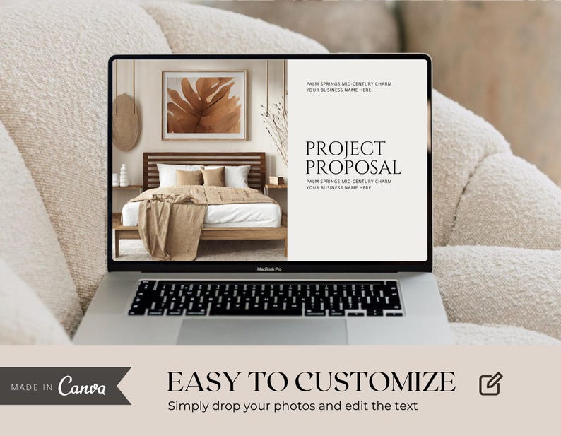 May include: A laptop displays a project proposal template with a mid-century modern bedroom scene. The screen shows the text "PROJECT PROPOSAL" and "EASY TO CUSTOMIZE". The laptop is on a beige, textured surface.