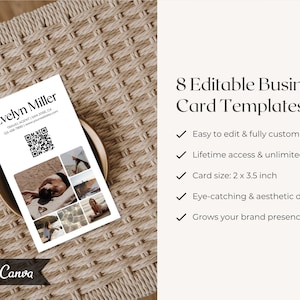 May include: A business card template with the name "Evelyn Miller" and contact information, including a QR code. The card features a photo collage and the text "8 Editable Business Card Templates". The card size is 5.08 x 8.89 cm.
