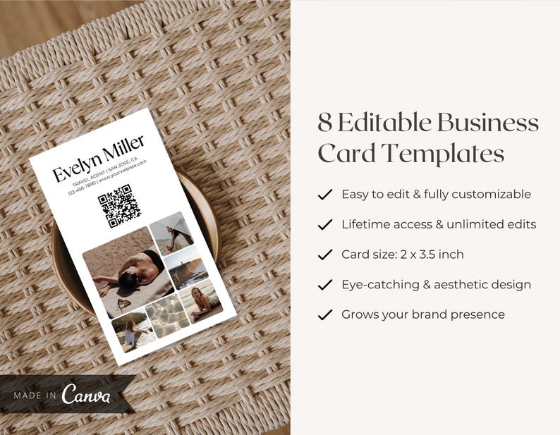 May include: A business card template with the name "Evelyn Miller" and contact information, including a QR code. The card features a photo collage and the text "8 Editable Business Card Templates". The card size is 5.08 x 8.89 cm.