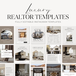 May include: A collection of Instagram templates for realtors. The templates feature a neutral color palette with images of houses and text overlays such as "Luxury Realtor Templates" and "Fully Editable Instagram Templates".