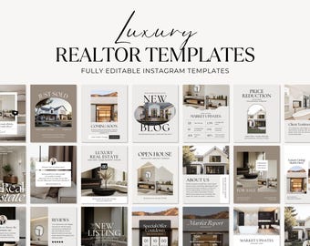 May include: A collection of Instagram templates for realtors. The templates feature a neutral color palette with images of houses and text overlays such as "Luxury Realtor Templates" and "Fully Editable Instagram Templates".