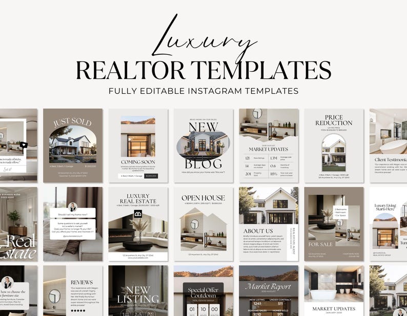 May include: A collection of Instagram templates for realtors. The templates feature a neutral color palette with images of houses and text overlays such as "Luxury Realtor Templates" and "Fully Editable Instagram Templates".