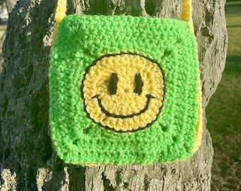 Lime Green Gehaakte Smiley Face Bag