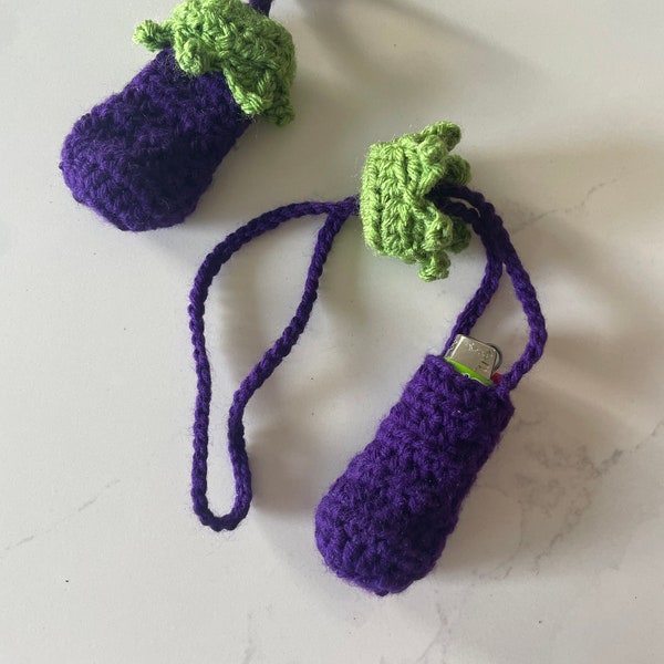 Crochet Eggplant Lighter / Chapstick Holder - Crochet Veggie Pouch / Eggplant Emoji