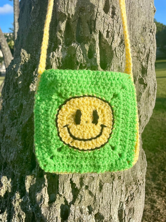 Lime Green Crochet Smiley Face Bag