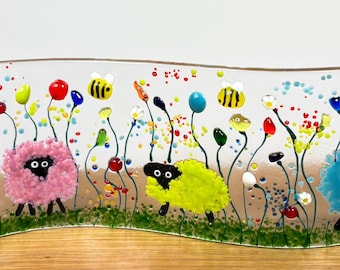 Fused Glass Wave Suncatcher: Handcrafted Sheep Family Floral Art, Home Decor