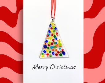 Colourful Christmas Tree Card: Fused Glass Bauble Decoration Gift