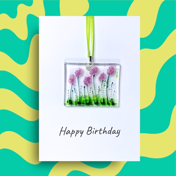 Pink Flower Greeting Card, Fused Glass, Suncatcher, Keepsake Gift