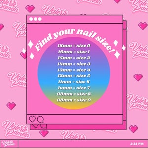 May include: A pink and white graphic with the text "Find your nail size!" and a list of nail sizes in millimeters and corresponding numbers. The graphic is surrounded by a pink background with hearts and the text "Valerie Pamela" repeated.