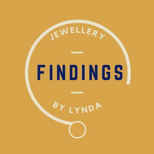 May include: A white circle with the text "JEWELLERY FINDINGS BY LYNDA" in a white circle on a yellow background.