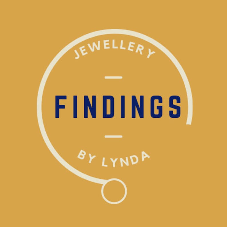 May include: A white circle with the text "JEWELLERY FINDINGS BY LYNDA" in a white circle on a yellow background.