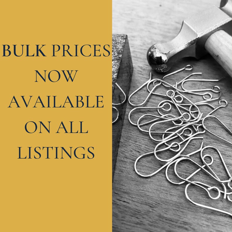 May include: Bulk prices are now available on all listings. A black and white image of a hammer and a pile of silver earring hooks.