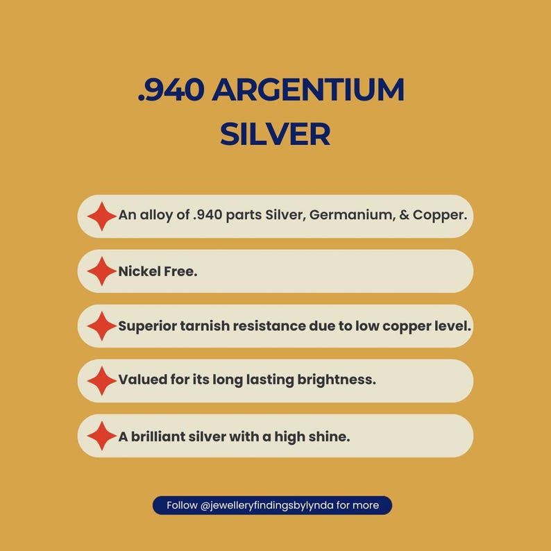 May include: A graphic with a yellow background and a blue and red diamond shape in the corner of each of the five white boxes. The text in the boxes describes the properties of .940 Argentium Silver. The text reads: An alloy of .940 parts Silver, Germanium, & Copper. Nickel Free. Superior tarnish resistance due to low copper level. Valued for its long lasting brightness. A brilliant silver with a high shine. The text at the bottom of the graphic reads: Follow @jewelleryfindingsbylynda for more.