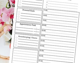 Puede incluir: Un planificador diario imprimible en blanco y negro con secciones para actividades familiares, objetivos personales, citas, tareas domésticas, ejercicio y comidas. El planificador incluye un calendario con los días de la semana, de lunes a sábado, y una sección para los objetivos del mes.