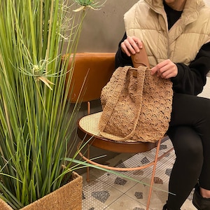 PapeaBags Brown Straw Shoulder Bag for Women / Handmade Knitted Paper Rope Bag, Crossbody Tote Bag - Scandinavian Style Crochet Purse