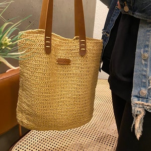 PapeaBags Beige Straw Shoulder Handbag for Women, Scandinavian Style Crochet Bag, Handmade Knitted Paper Rope Bag with Leather Strap 13 "x14"