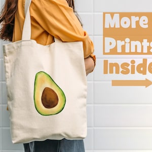 Reusable Bags Print Cotton Tote Bag Eco-friendly Beach Bag Printed Canvas Tote Bag Gift For Mom Gift For Her Avocado