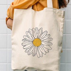 Reusable Bags Print Cotton Tote Bag Eco-friendly Beach Bag Printed Canvas Tote Bag Gift For Mom Gift For Her Daisy Flower