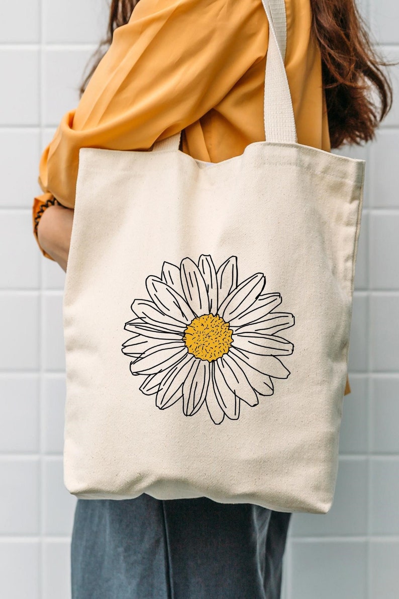 Reusable Bags Print Cotton Tote Bag Eco-friendly Beach Bag Printed Canvas Tote Bag Gift For Mom Gift For Her Daisy Flower