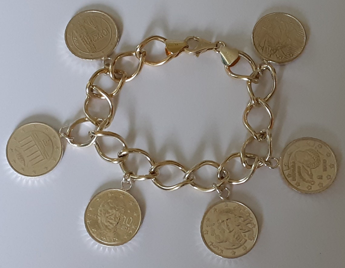 Coin Charm Bracelet Sterling/Gold Plated marked 925 Italy KA Etsy
