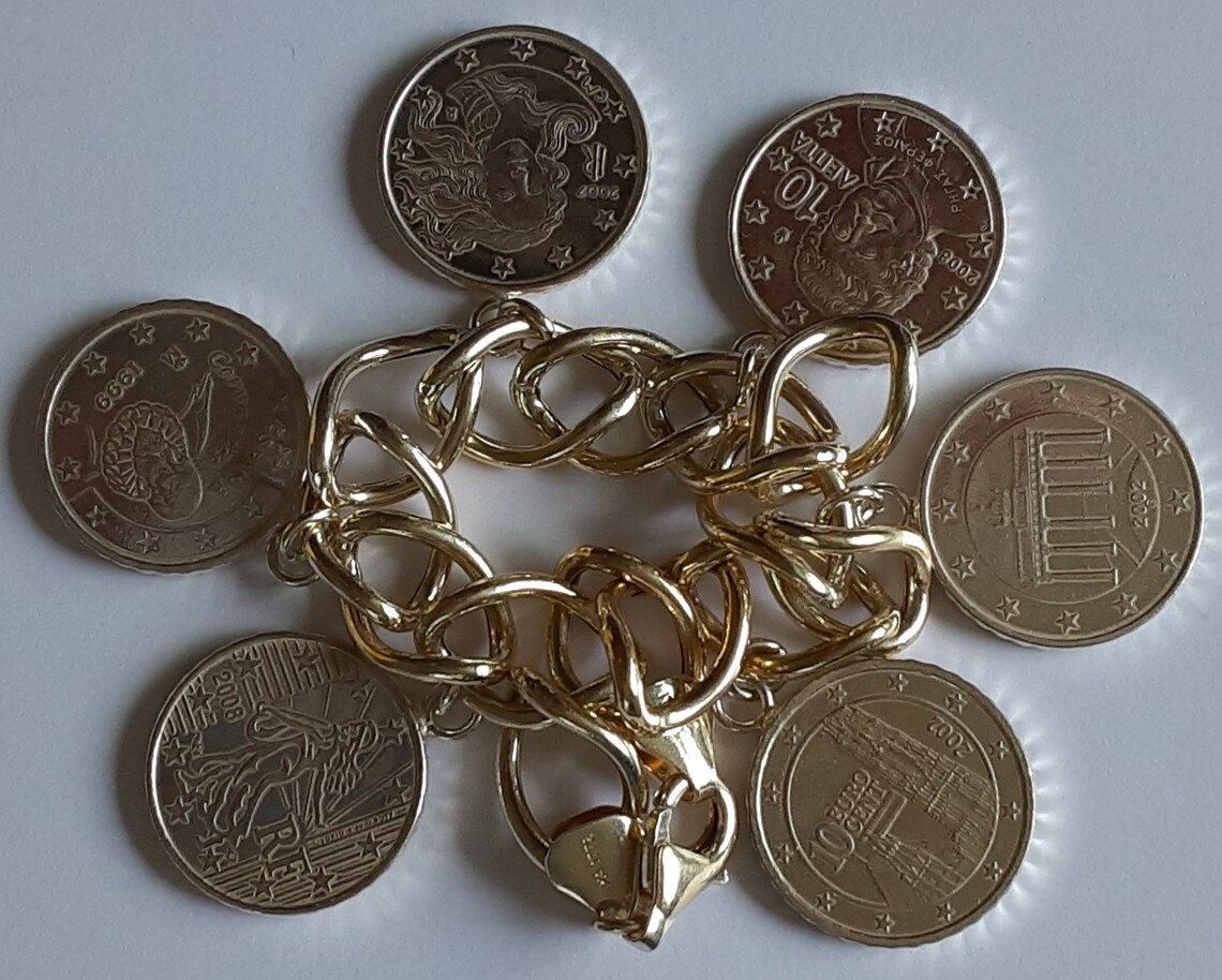 Coin Charm Bracelet Sterling/Gold Plated marked 925 Italy KA Etsy