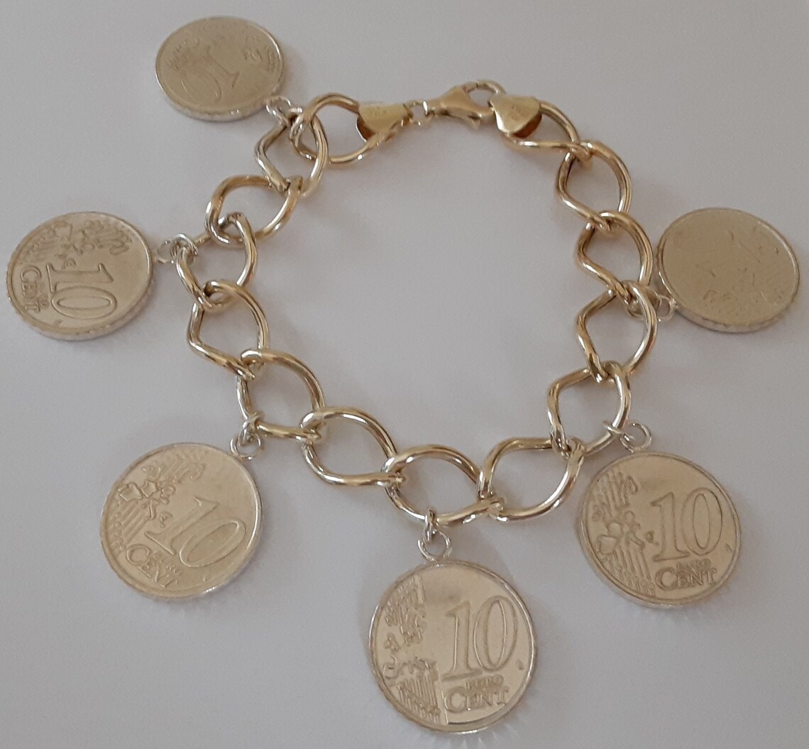 Coin Charm Bracelet Sterling/Gold Plated marked 925 Italy KA Etsy