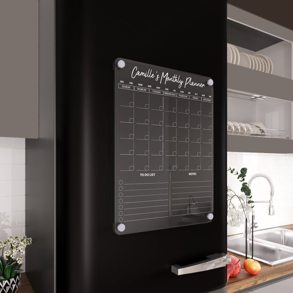 Calendrier effaçable à sec - Calendrier de réfrigérateur magnétique - Calendrier acrylique mensuel magnétique - Tableau de cuisine magnétique en acrylique - Décoration murale de cuisine