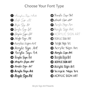 K&ouml;nnte beinhalten: Eine schwarz-wei&szlig;e Grafik mit 28 Schriftarten f&uuml;r "Acrylic Sign Art". Jede Schriftart ist nummeriert und in einem anderen Stil dargestellt. Der Text "Choose Your Font Type" steht oben und "Acrylic Sign Art Presents" unten.