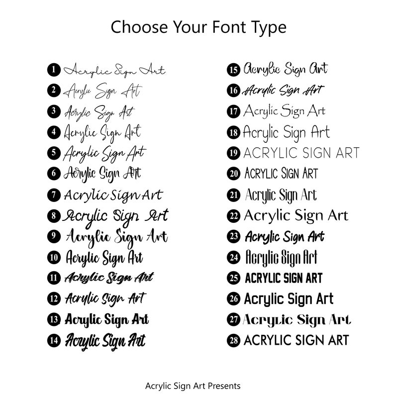 K&ouml;nnte beinhalten: Eine schwarz-wei&szlig;e Grafik mit 28 Schriftarten f&uuml;r "Acrylic Sign Art". Jede Schriftart ist nummeriert und in einem anderen Stil dargestellt. Der Text "Choose Your Font Type" steht oben und "Acrylic Sign Art Presents" unten.