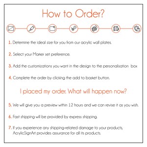 May include: A step-by-step guide on how to order custom acrylic wall plates. The guide includes icons for selecting size, marker set, personalization, adding to cart, shipping, and security. The text also explains the process of ordering and what happens after placing an order.