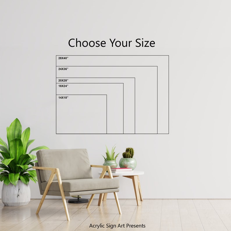 May include: A white wall with a black outline of different sized rectangles with measurements in inches. The text "Choose Your Size" is above the rectangles. The text "Acrylic Sign Art Presents" is below the rectangles.